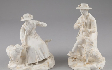 A pair of Derby bisque porcelain figures of a shepherd and shepherdess. 7 1/4 in. (18.4 cm.) h.