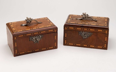 A pair of Dutch wooden tea caskets, one with three Dutch silver tea caddies