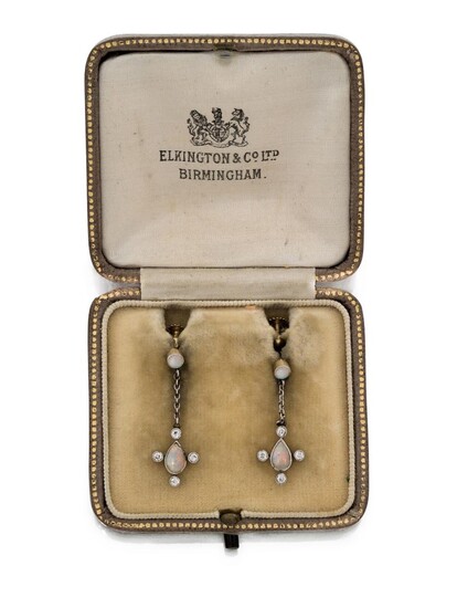 A pair of Edwardian diamond and opal drop earrings, with circular opal cabochons suspending pear-shaped opal drops framed by four diamond points, screw fittings, in fitted case stamped Elkington & Co., approx. length 2.7cm