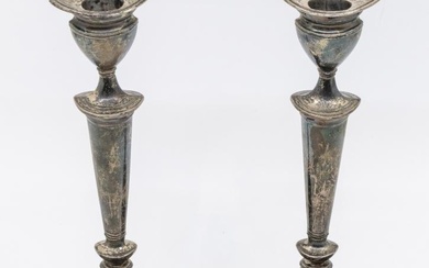 A pair of George V silver candlesticks, urn shaped removable...