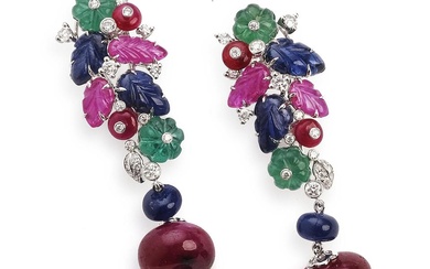 A pair of Tutti Frutti ear pendants each set with...