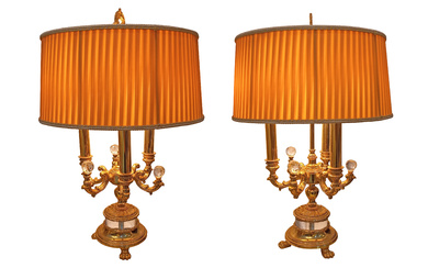 A pair of brass table lamps with fabric shades circa 1980's