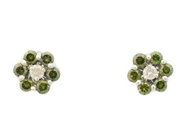 A pair of colour treated 'green' diamond and diamond cluster earrings