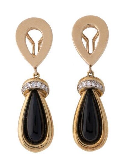 A pair of diamond and onyx earrings, each supporting a pear-shaped cabochon onyx drop accented with brilliant-cut diamonds, length 4.5cm, clip and post fittings
