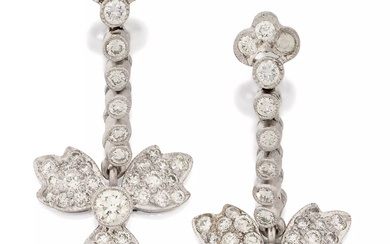 A pair of diamond drop earrings, with a trefoil design...