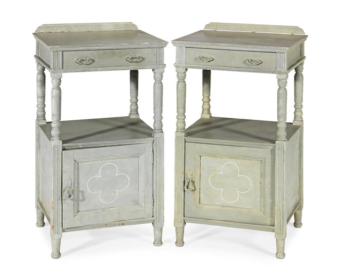 A pair of grey painted bedside cupboards or night stands