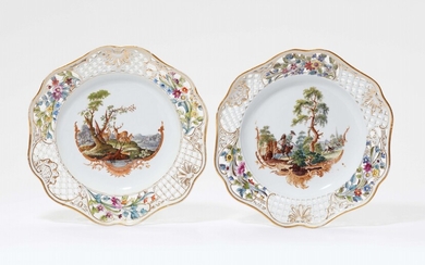 A pair of highly important Meissen porcelain dessert plates from the hunting service for Catherine II