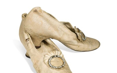 A pair of ladies' silk shoes with paste buckles, 19th century