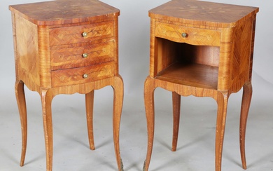 A pair of mid-20th century French kingwood and floral marquetry bedside tables, one fitted with thre