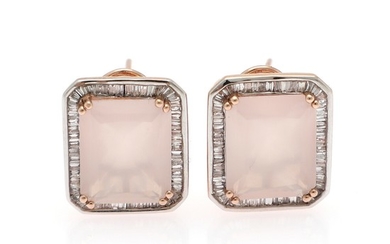 A pair of quartz and diamond ear studs each set with a princess-cut rose quartz encircled by numerous baguette-cut diamonds, mounted in 14k rose gold and silver