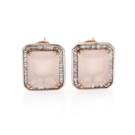 A pair of quartz and diamond ear studs each set with a princess-cut rose quartz encircled by numerous baguette-cut diamonds, mounted in 14k rose gold and silver