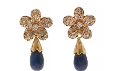 A pair of sapphire and diamond ear studs each set with a pear-shaped sapphire and numerous brilliant-cut diamonds, mounted in 14k gold. L. 2.6 cm. (2)