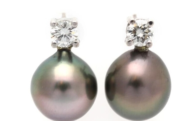 A pair of tahiti and diamond ear studs each set with a...