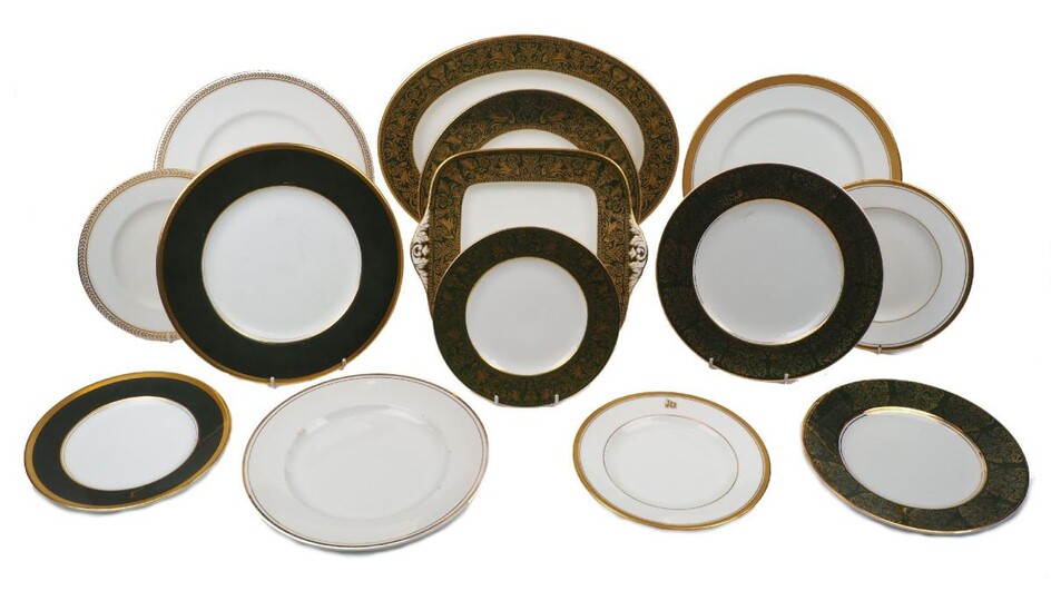 A quantity of gilt and green rimmed plates, 20th century, various manufacturers including Wedgwood Florentine, no. 4170, Royal Doulton Royal Gold, H. 4980, Coalport Ventura, Aynsley no. 8360, Wood & Sons Ironstone, etc., the largest plate 27.3cm...