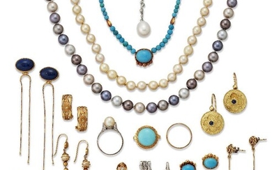 A quantity of jewellery, including, ten pairs of various gem and imitation gem earrings; a cultured pearl drop and diamond pendant; a diamond pierced rectanglular panel pendant; a cultured pearl and diamond pendant; an Italian, turquoise single...