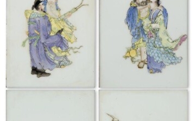 A set of four Chinese porcelain famille rose 'Eight Immortals' plaques, late Qing dynasty/early Republic period, each finely painted with two of the Eight Immortals, 20x12cm, in folding cardboard mounts