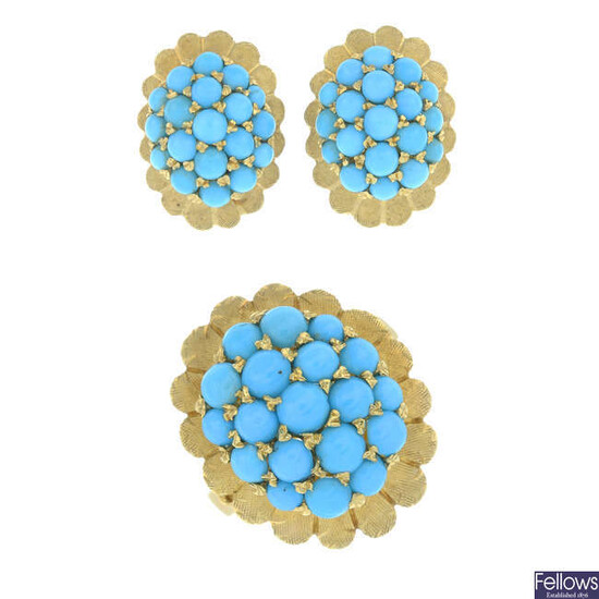 A set of mid 20th century 18ct gold turquoise cabochon jewellery.