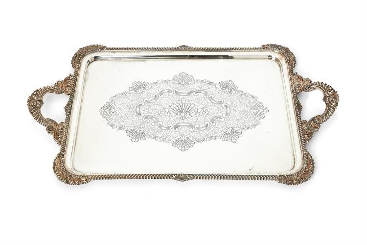 A silver large rounded rectangular twin handled tray by James Dixon & Sons