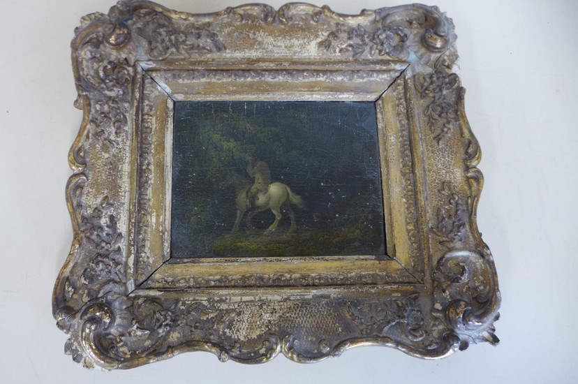 A small oil on wooden panel of a horseman sheltering beneath...