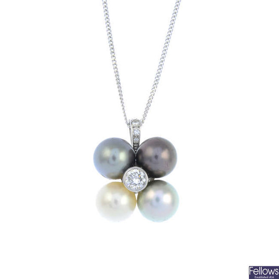 A vari-hue cultured pearl and diamond pendant, with an 18ct gold chain.