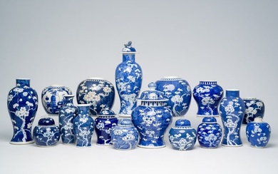 A varied collection of Chinese blue and white prunus on cracked ice ground porcelain, 19th/20th C.