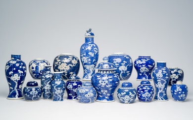 A varied collection of Chinese blue and white prunus on cracked ice ground porcelain, 19th/20th...