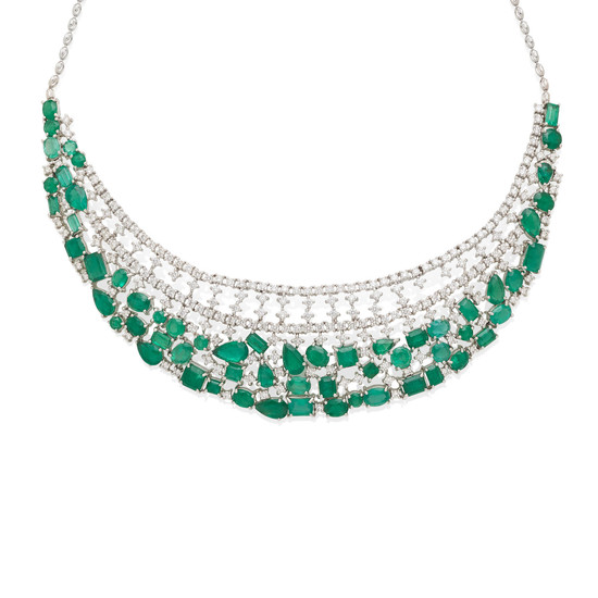 A white gold, diamond, and emerald bib necklace