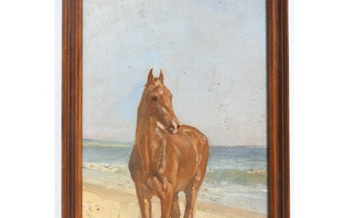 ABEL-TRUCHET Louis. (1857-1918). « Portrait de cheval sur la plage ». Huile sur panneau signée...