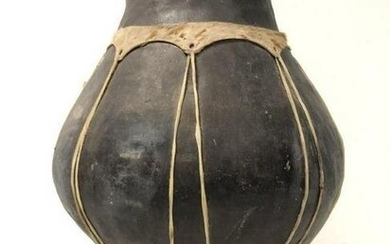 AFRICAN POTTERY WITH ANIMAL HIDE LARGE VASE