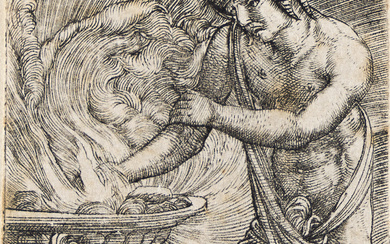 ALBRECHT ALTDORFER Mucius Scaevola Burning His Hand. Engraving, circa 1530. 68x43 mm; 2¾x1...