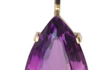 AN AMETHYST PENDANT-The pear cut amethyst weighing an estimated 26.4cts, in 14ct gold.