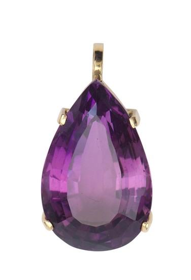 AN AMETHYST PENDANT-The pear cut amethyst weighing an estimated 26.4cts, in 14ct gold.