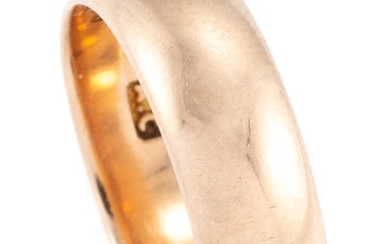 AN ANTIQUE 18CT GOLD WEDDING BAND; 6.1mm wide half round band, hallmarked A.C, size L, wt. 5.45g.