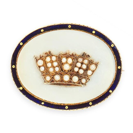 AN ANTIQUE PEARL, MOTHER OF PEARL AND ENAMEL BROOCH in