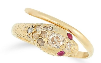 AN ANTIQUE RUBY AND DIAMOND SNAKE RING set with old cut