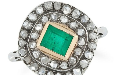 AN EMERALD AND DIAMOND CLUSTER RING set with a step cut