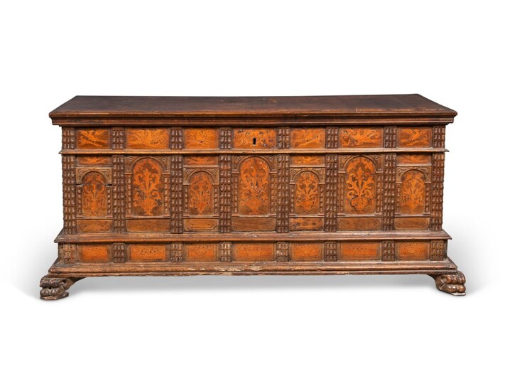 AN ITALIAN WALNUT AND FRUITWOOD INTARSIA CASSONE, 16TH CENTURY AND LATER