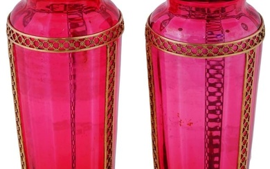 ANTIQUE FRENCH EMPIRE RED GLASS AND GILT BRASS VASES