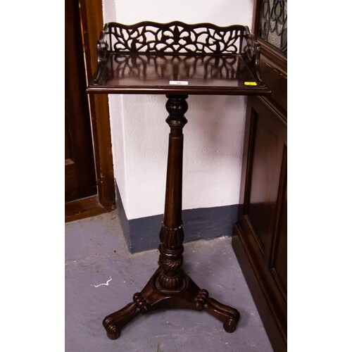 MAHOGANY GALLERY BACK SIDE TABLE ON PEDESTAL BASE. 38W X 27...