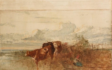 "ATTRIBUTED TO CONSTANT TROYON (1810-1865) Cows drinking Supplier's stamp ""Deforge...