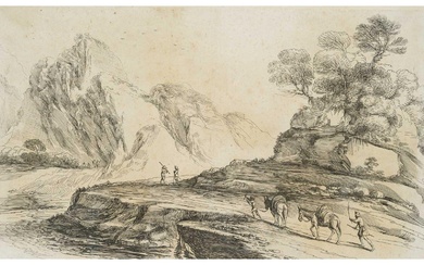 After GUERCINO (*1591), Landscape with shepherds, Etching