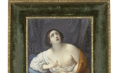 After Guido Reni, Italian 1575-1652- A portrait miniature of Cleopatra; 13.2 x 10.5 cm. Note: The original by Reni is housed in the Pitti Palace, Florence (oil on canvas, 122 x 96 cm., 1635-40). The subject depicts the final moments in the life of...