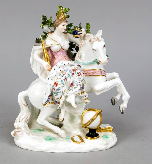 Allegorical figure group, England, 20th century, female figure with regalia insignia on horse, as a personification of Europe, freely based on a model by J.J. Kaendler for the Meissen porcelain manufactory, polychrome painted, gold decor, dam., h. 20 cm