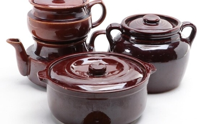 American Pottery Brown Dip Glazed Bean Pot with Other Tableware