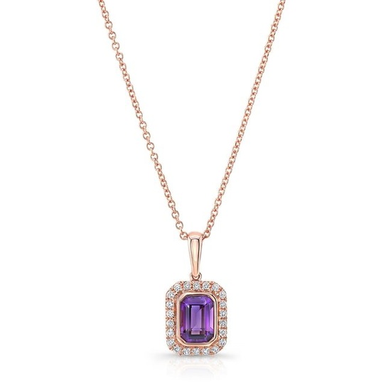 Amethyst And Diamond Bezel Pendant With Micro-prong Frame And High Polish Tapered Bail In 14k Rose