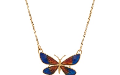An 18ct gold polychrome enamel butterfly necklace, stamped 7...