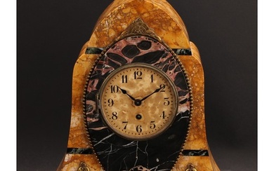 An Art Deco specimen marble mantel clock, 10cm circular dial...
