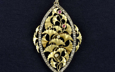An Art Nouveau silver and gold, vari-cut diamond, ruby and cultured pearl ginkgo leaf pendant/brooch.