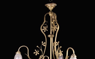An Early 20th Century Cut Glass & Gilt Metal Ceiling Light. The domed star cut frosted glass plafonn