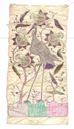 An Early 20th Century Indian Embroidered Panel, worked on cream...